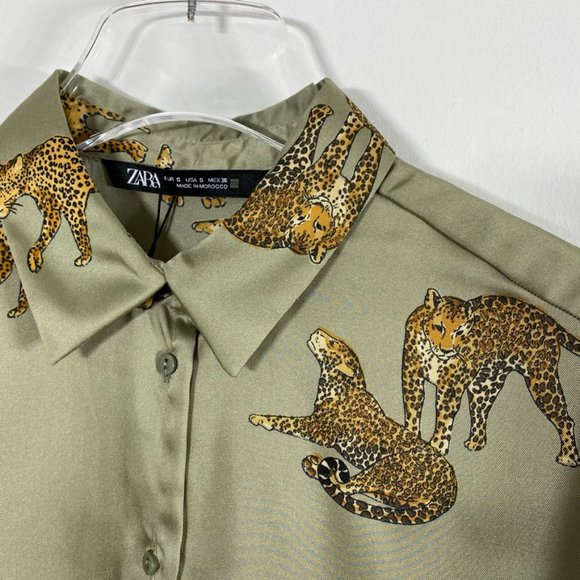 Zara Leopard silky button down blouse green size S - Picture 5 of 11
